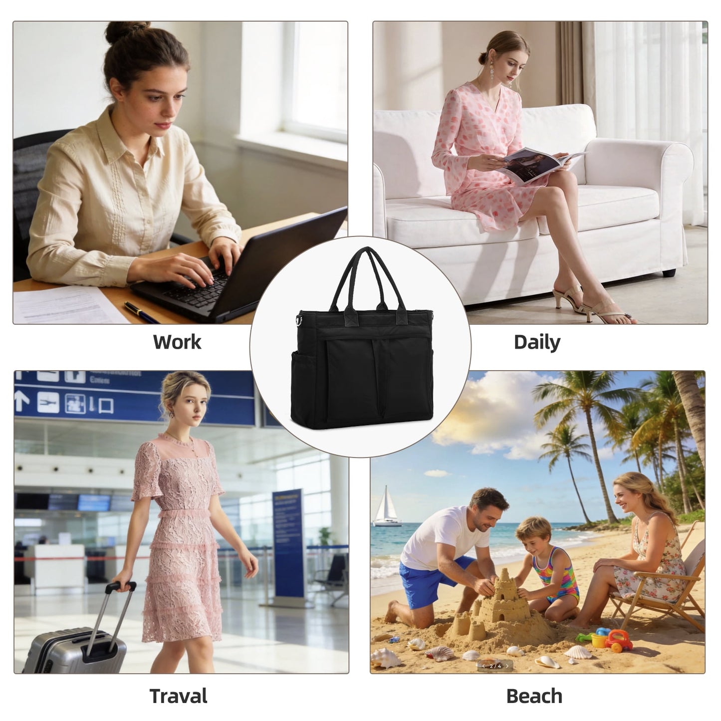 URSOFINE Tote Bag for Women, Lightweight Crossbody Tote Handbag with Dry Pocket, Nylon Shoulder Bag with Detachable Shoulder Strap for Work, Travel, Daily Use