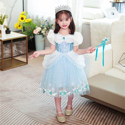 LOEL Cinderella Costume Girl Fancy Costume Princess Dress Halloween Party Role Play with Sleeves