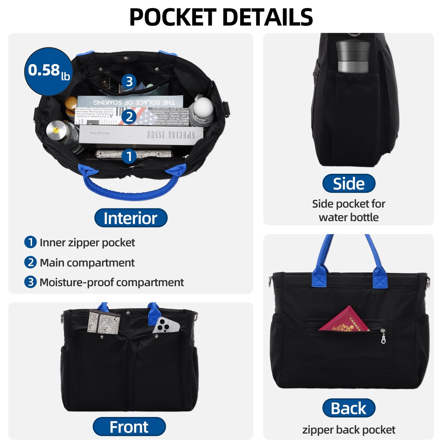 URSOFINE Tote Bag for Women, Lightweight Crossbody Tote Handbag with Dry Pocket, Nylon Shoulder Bag with Detachable Shoulder Strap for Work, Travel, Daily Use