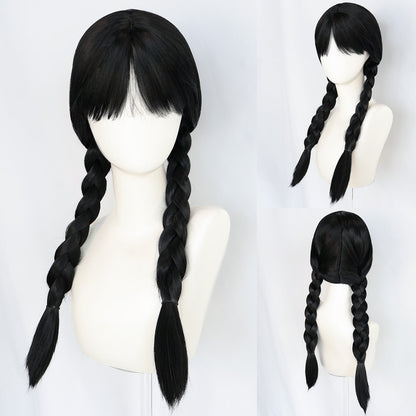 KAWELL Addams Costume for Girls, Academy Uniform Outfits Cosplay with Black Wig, Pleated Skirt Girl's Stripes Suits Sets for Halloween