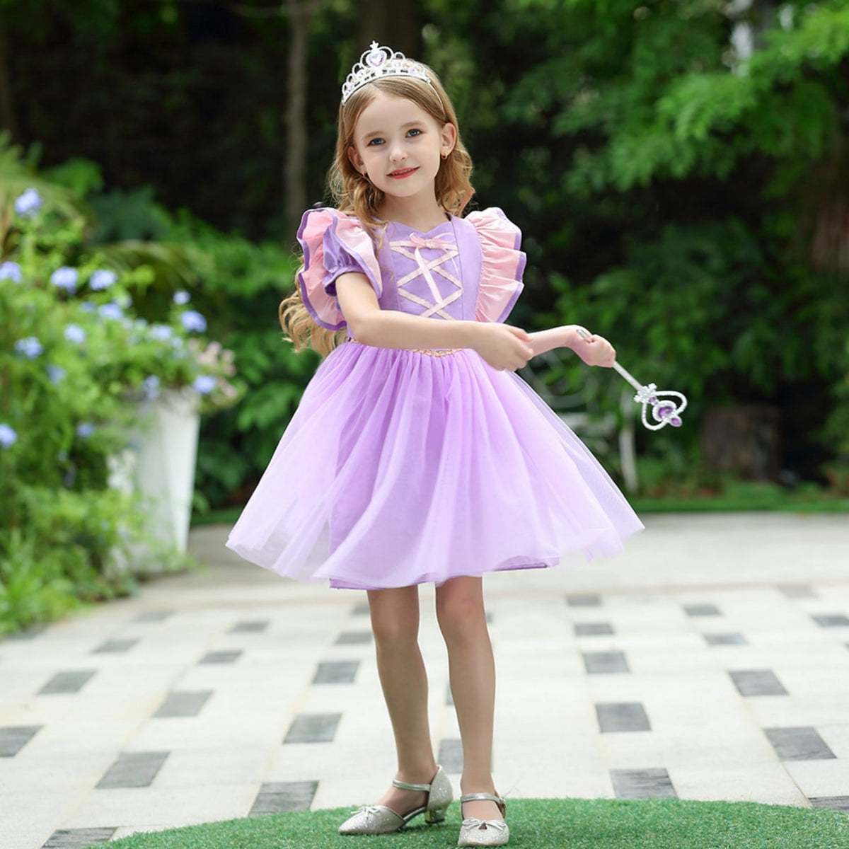 LOEL Little Girls Princess Fancy Dress Short Sleeve Purple Tulle Casual Dress Wedding Party Dresses 2-9Y