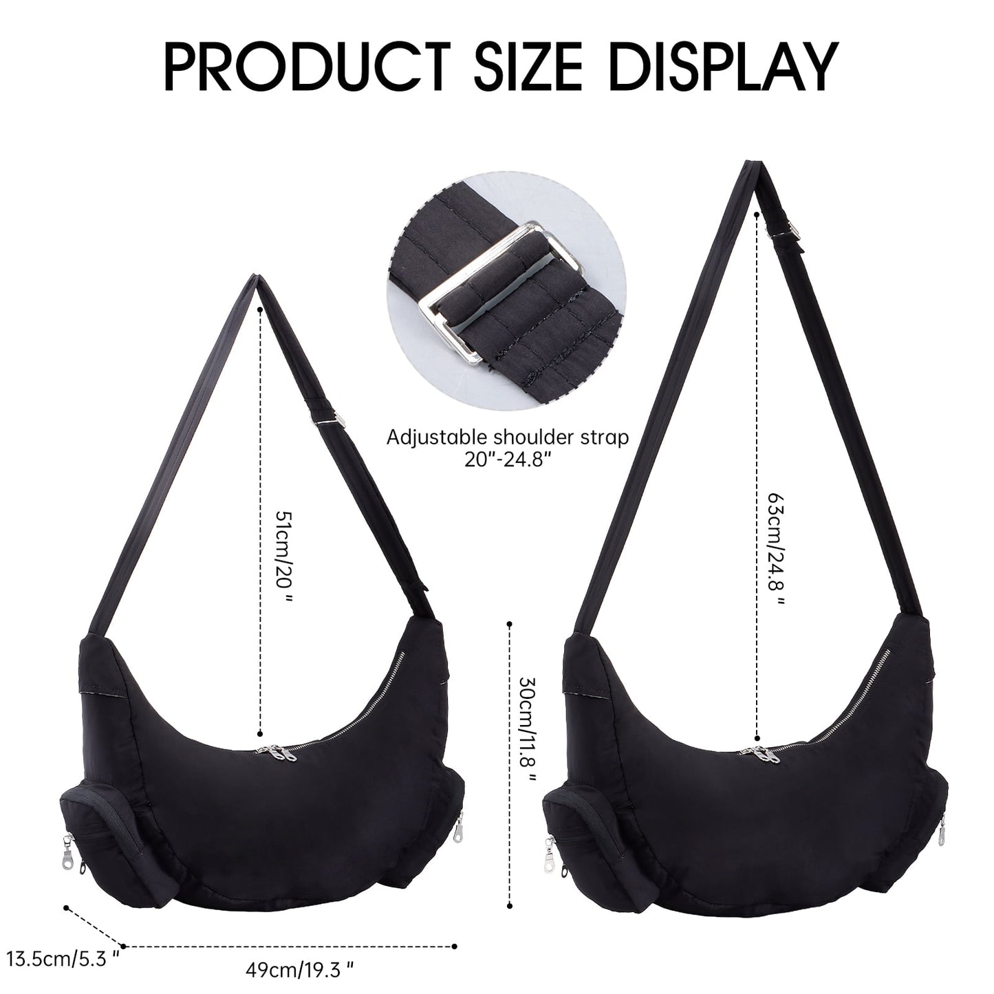 URSOFINE Crescent Crossbody Bag for Women, Lightweight Water-Resistant Nylon Hobo Bag with Multiple Pockets, Adjustable Strap Crescent Moon Bag for Travel, Shopping, Gym (Black)