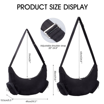 URSOFINE Crescent Crossbody Bag for Women, Lightweight Water-Resistant Nylon Hobo Bag with Multiple Pockets, Adjustable Strap Crescent Moon Bag for Travel, Shopping, Gym (Black)