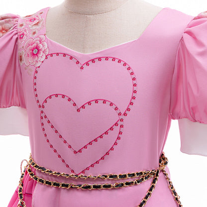 KAWELL Pink Costume for Girls Halloween Kids Princess Rise Red Pink Heart Dress with Wig Clothes Outfit