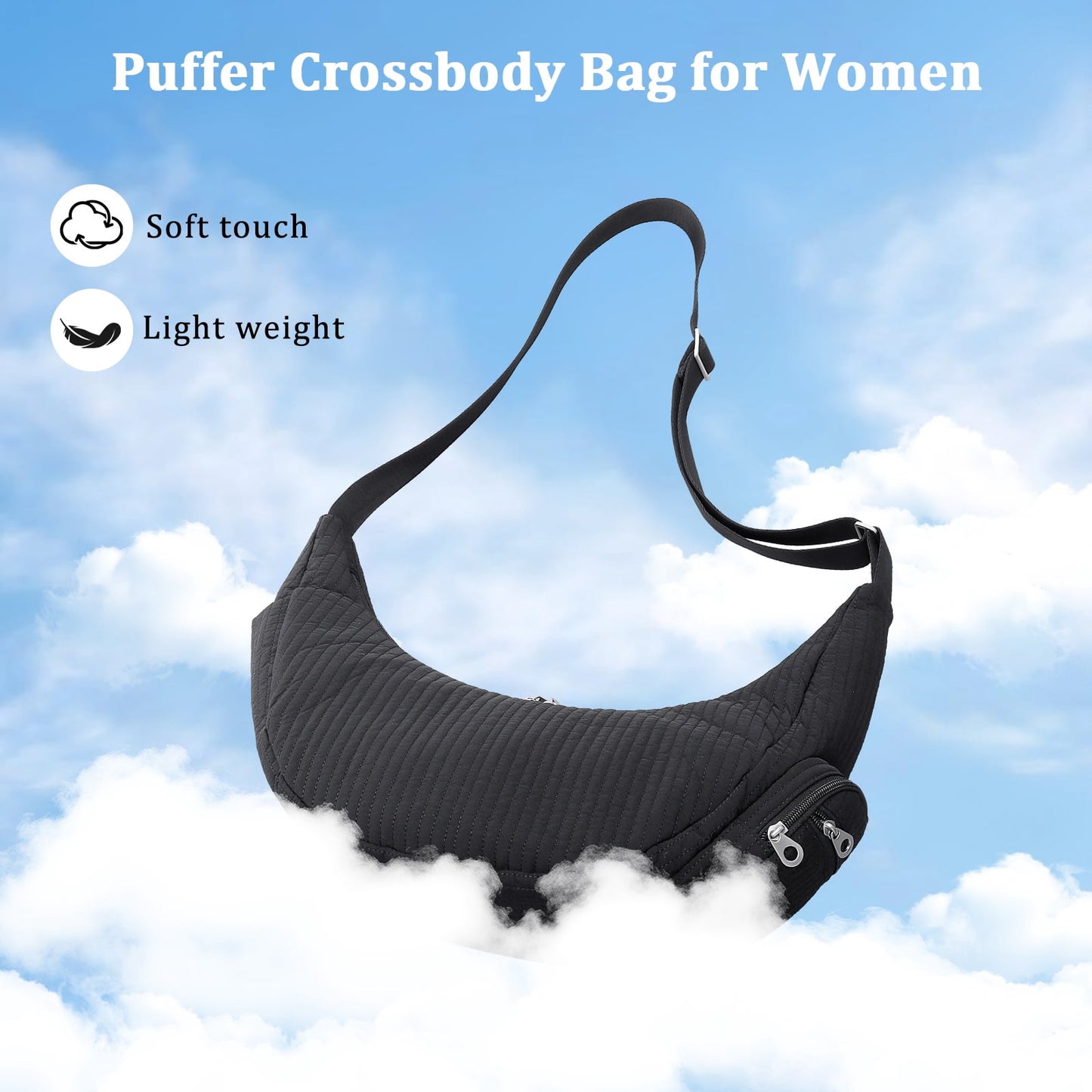 URSOFINE Oversized Quilted Puffer Hobo Bag for Women Men - Adjustable Strap Crescent Crossbody Shoulder Bag, Large 2-Zipper Dumpling Casual Handbag with Side Pocket (Black)