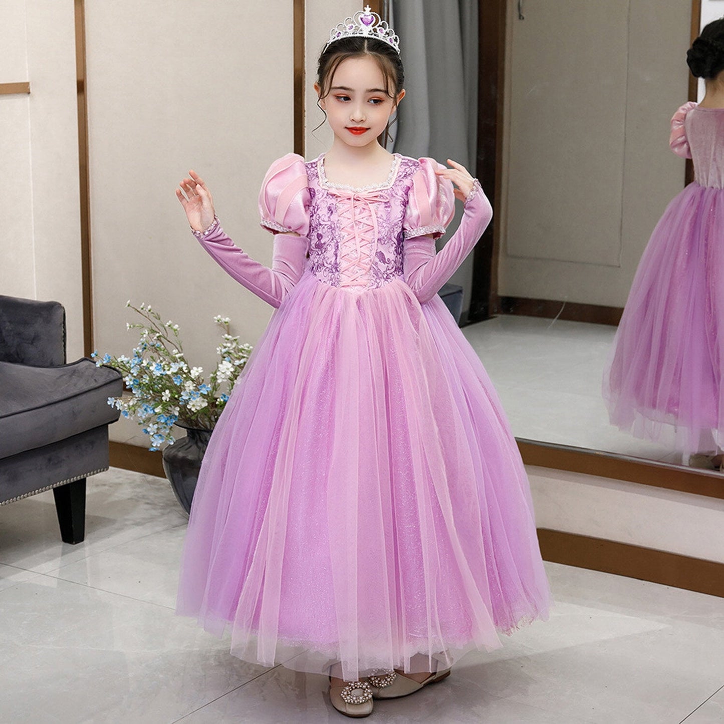 KAWELL Girls' Rapunzel Princess Sofia Costume Halloween Masquerade Ball Dress with Sleeves