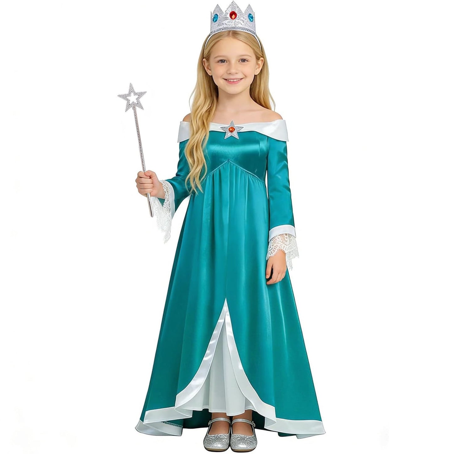 URSOFINE Off-Shoulder Teal Star Princess Dress, Fantasy Satin Gown with Lace Cuffs, Crown Wand for Halloween Party Dress-Up