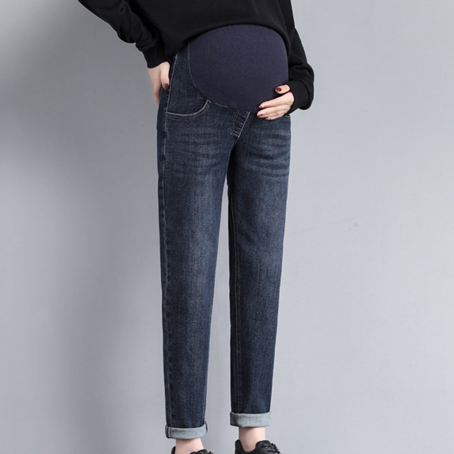 Phenas Women's Maternity Jeans Comfy Plus Size Blue Pregnancy Baggy Ankle Length Jeans