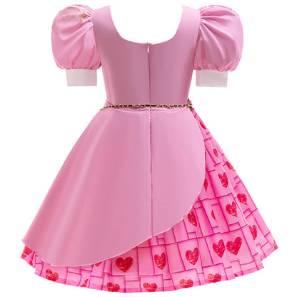 KAWELL Pink Costume for Girls Halloween Kids Princess Rise Red Pink Heart Dress with Wig Clothes Outfit