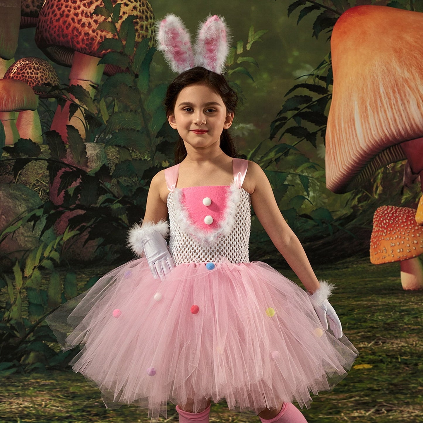 HAWEE Easter Rabbit Dress for Girls Pink Sleeveless Bunny Tutu Tulle Dress Rabbit Costume 5 PCS Kids Birthday Fancy Dress Up