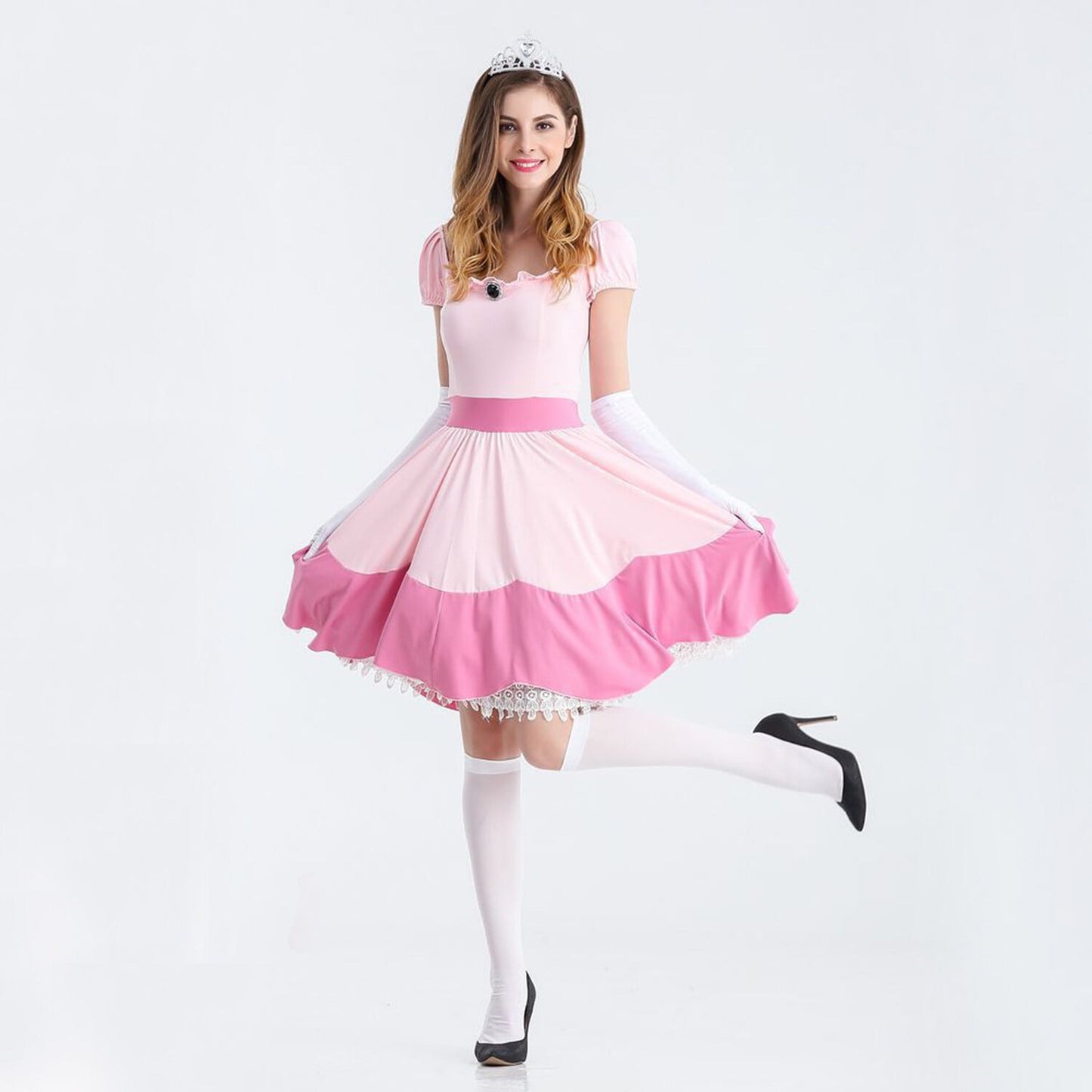 HAWEE Women Princess Pink Costume Adult Fairy Outfit Halloween Carnival Cosplay Party Dress with Crown & Gloves