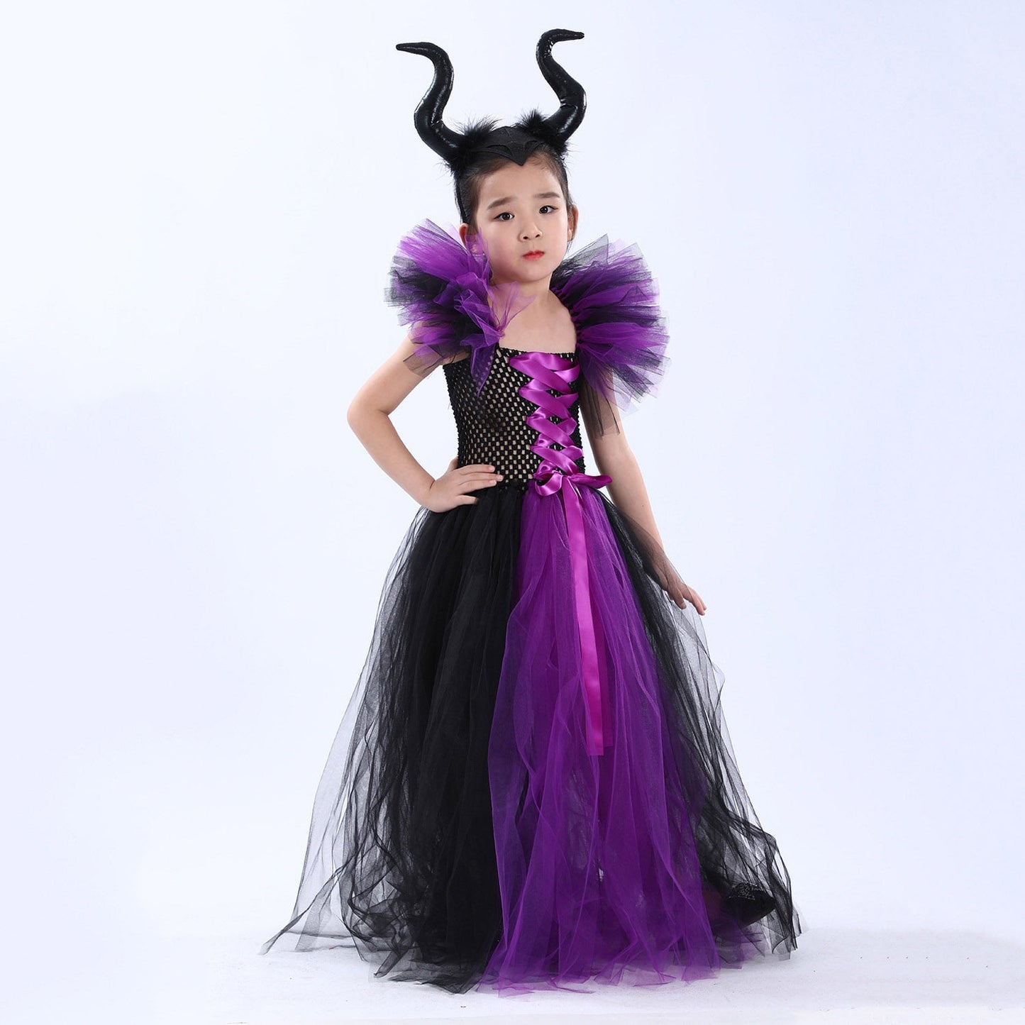 KAWELL Halloween Maleficent witch dress with headband set vampire witch costume 1-12 years old