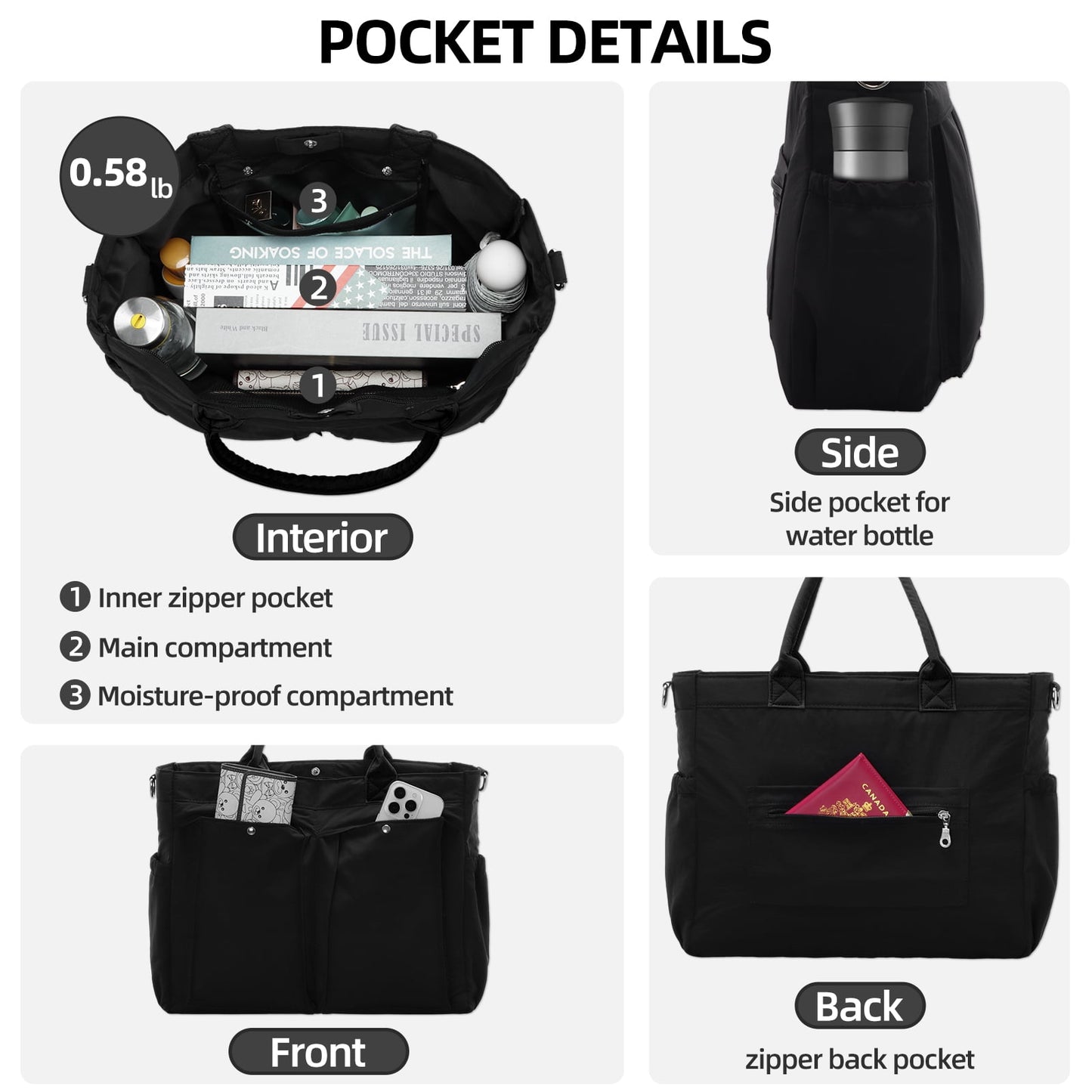 URSOFINE Tote Bag for Women, Lightweight Crossbody Tote Handbag with Dry Pocket, Nylon Shoulder Bag with Detachable Shoulder Strap for Work, Travel, Daily Use