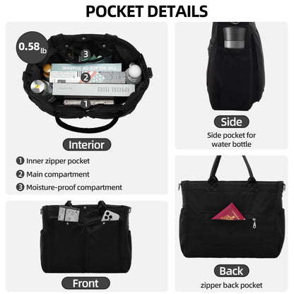 URSOFINE Tote Bag for Women, Lightweight Crossbody Tote Handbag with Dry Pocket, Nylon Shoulder Bag with Detachable Shoulder Strap for Work, Travel, Daily Use
