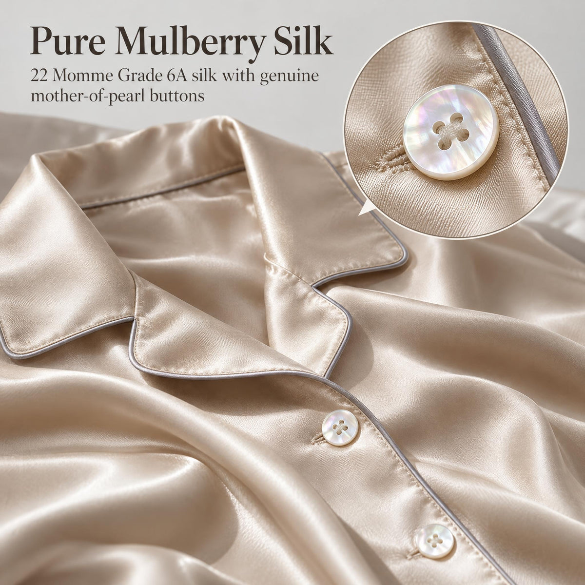 LOEL mulberry silk pajama set product details - notched lapel, contrast piping, chest pocket, mother of pearl buttons, eye mask gift