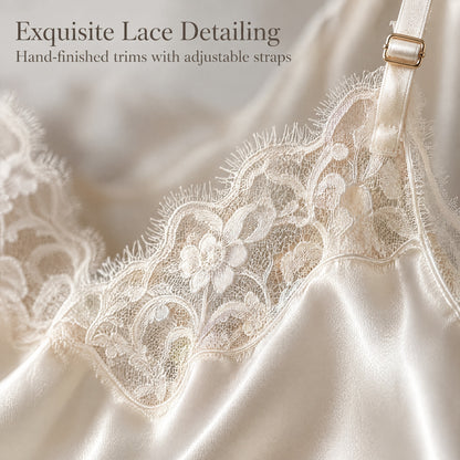 LOEL 22 momme mulberry silk cami and shorts set product details - adjustable straps, lace trim, elastic waist shorts
