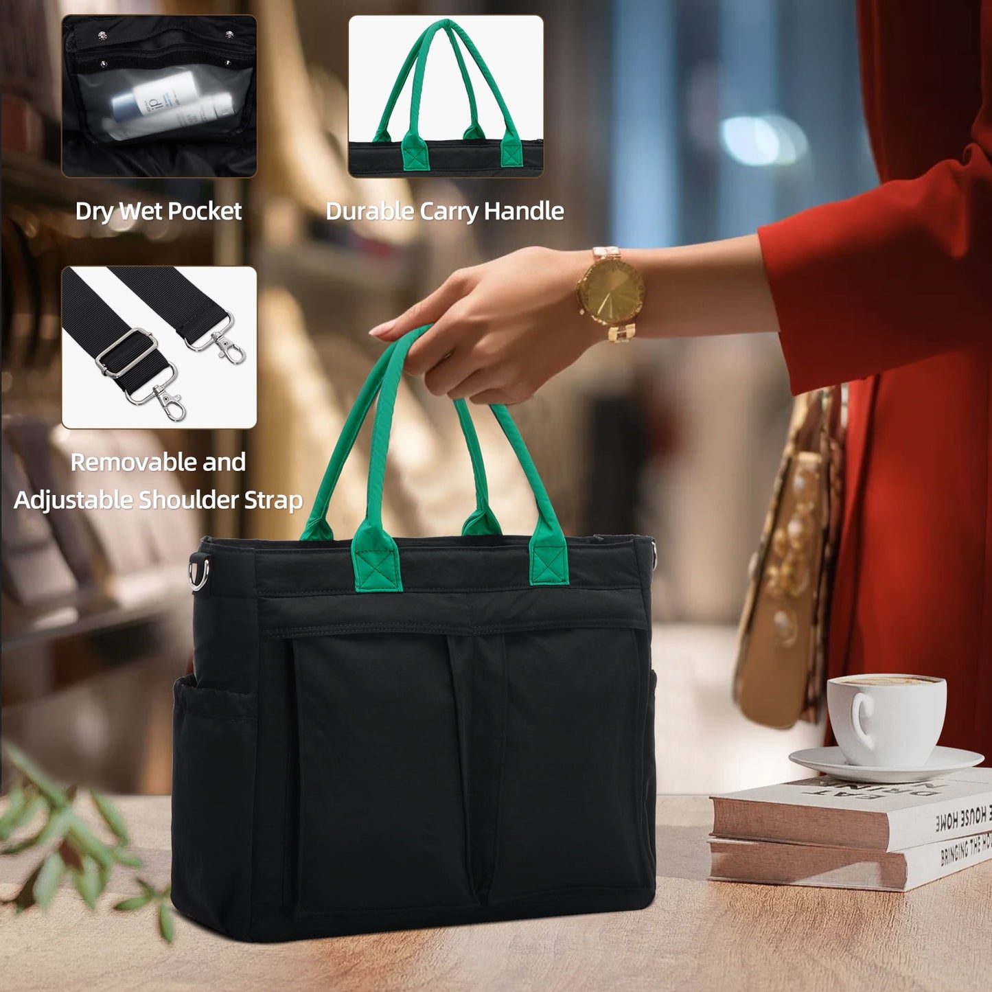 URSOFINE Tote Bag for Women, Lightweight Crossbody Tote Handbag with Dry Pocket, Nylon Shoulder Bag with Detachable Shoulder Strap for Work, Travel, Daily Use