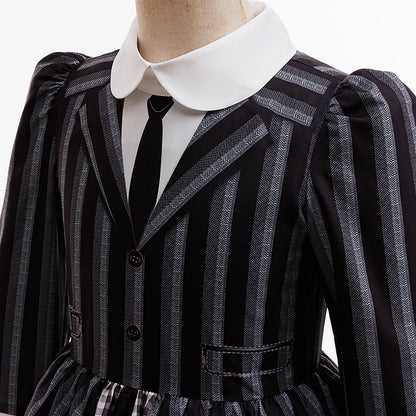 KAWELL Addams Costume for Girls, Academy Uniform Outfits Cosplay with Black Wig, Pleated Skirt Girl's Stripes Suits Sets for Halloween