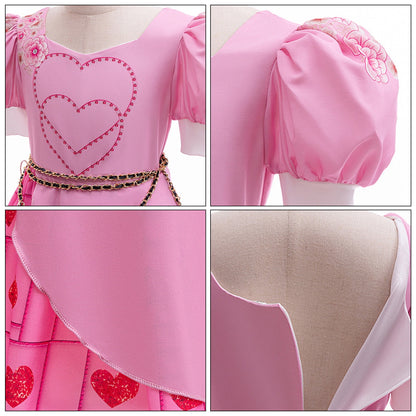 KAWELL Pink Costume for Girls Halloween Kids Princess Rise Red Pink Heart Dress with Wig Clothes Outfit