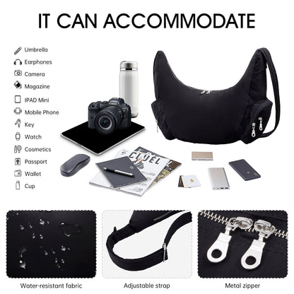 URSOFINE Crescent Crossbody Bag for Women, Lightweight Water-Resistant Nylon Hobo Bag with Multiple Pockets, Adjustable Strap Crescent Moon Bag for Travel, Shopping, Gym (Black)