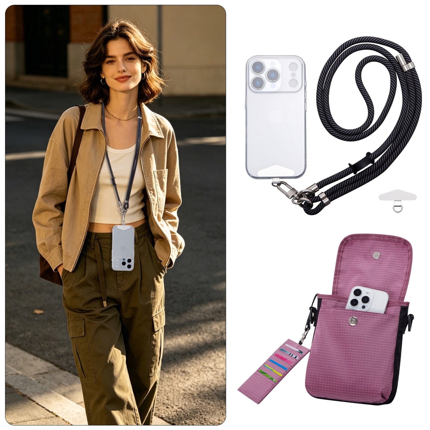 URSOFINE Small Crossbody Bag for Women, Phone Lanyard for Women/Men, Cell Phone Purses with Detachable 6-Layer Card Holder