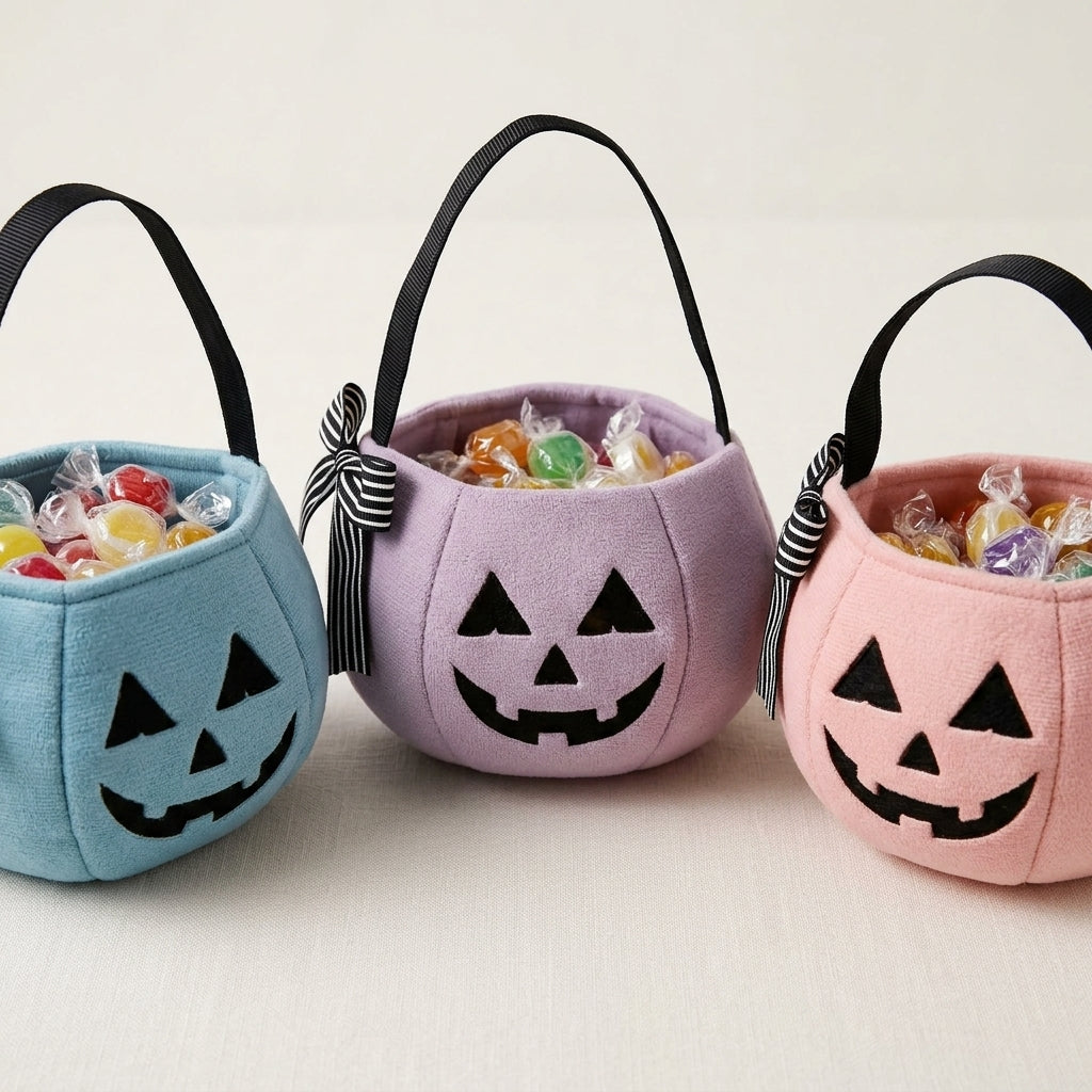 Plush Pastel Pumpkin Trick or Treat Basket with Striped Bow Accent for Halloween Party Favors - detail