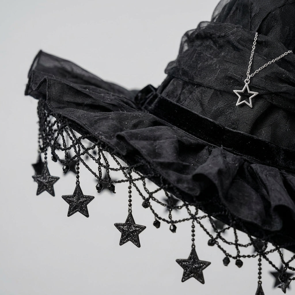 Gothic Black Velvet Witch Hat with Star Charms and Ruffled Lace Trim - detail