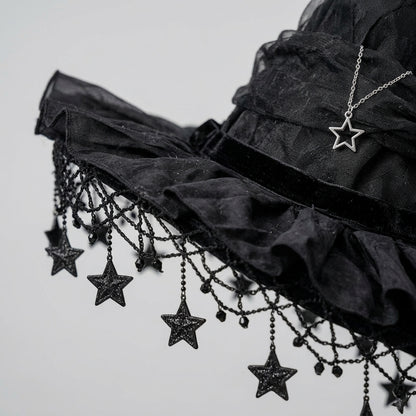 Gothic Black Velvet Witch Hat with Star Charms and Ruffled Lace Trim - detail