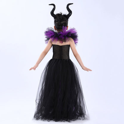 KAWELL Halloween Maleficent witch dress with headband set vampire witch costume 1-12 years old