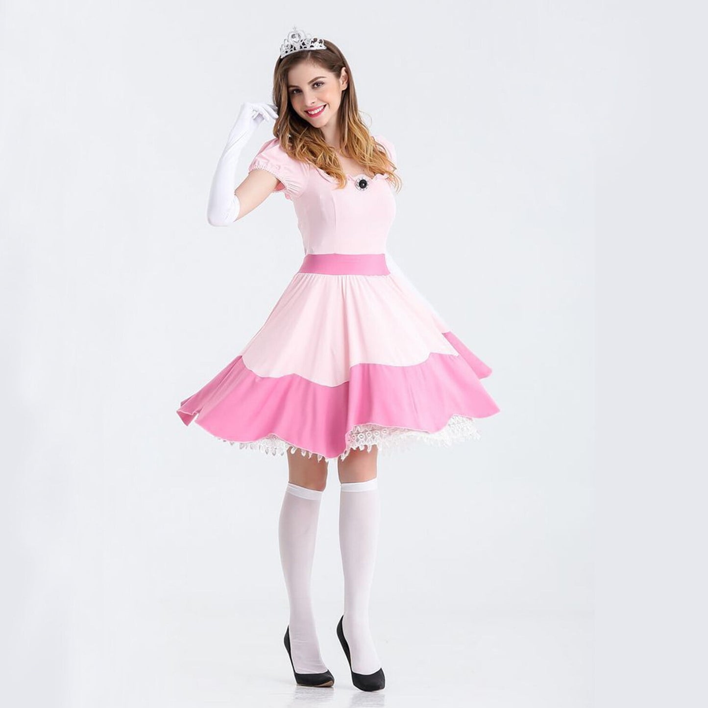 HAWEE Women Princess Pink Costume Adult Fairy Outfit Halloween Carnival Cosplay Party Dress with Crown & Gloves