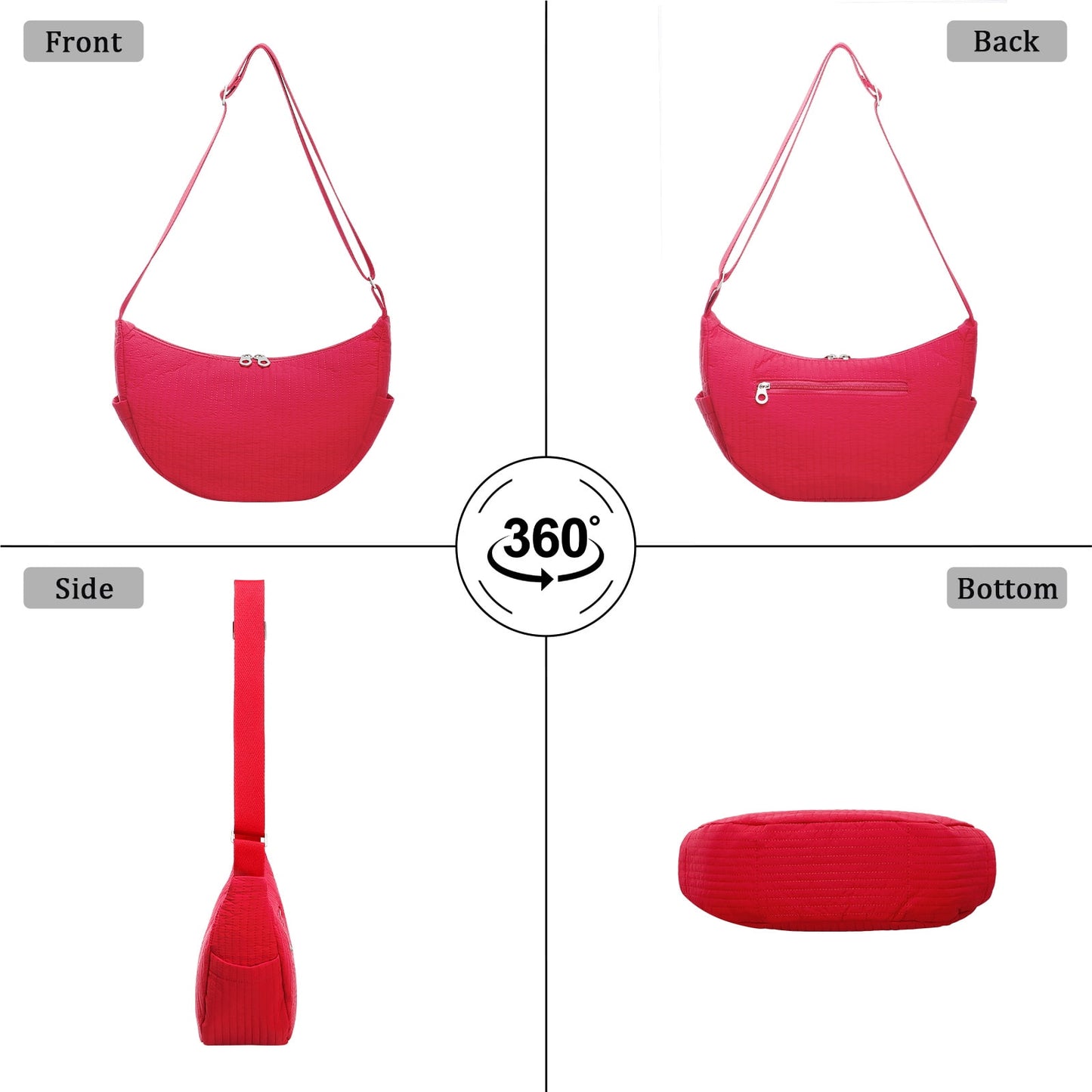 URSOFINE Quilted Puffer Hobo Bag for Women Men - Adjustable Strap Crescent Crossbody Shoulder Bag, Lightweight 2-Zipper Dumpling Casual Handbag with Multiple Pockets (Red)