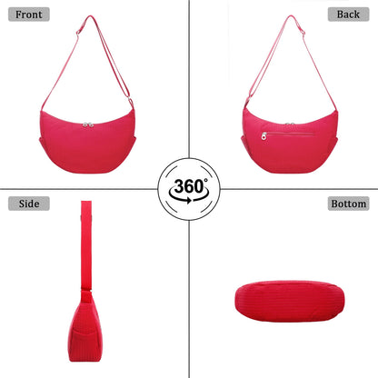 URSOFINE Quilted Puffer Hobo Bag for Women Men - Adjustable Strap Crescent Crossbody Shoulder Bag, Lightweight 2-Zipper Dumpling Casual Handbag with Multiple Pockets (Red)