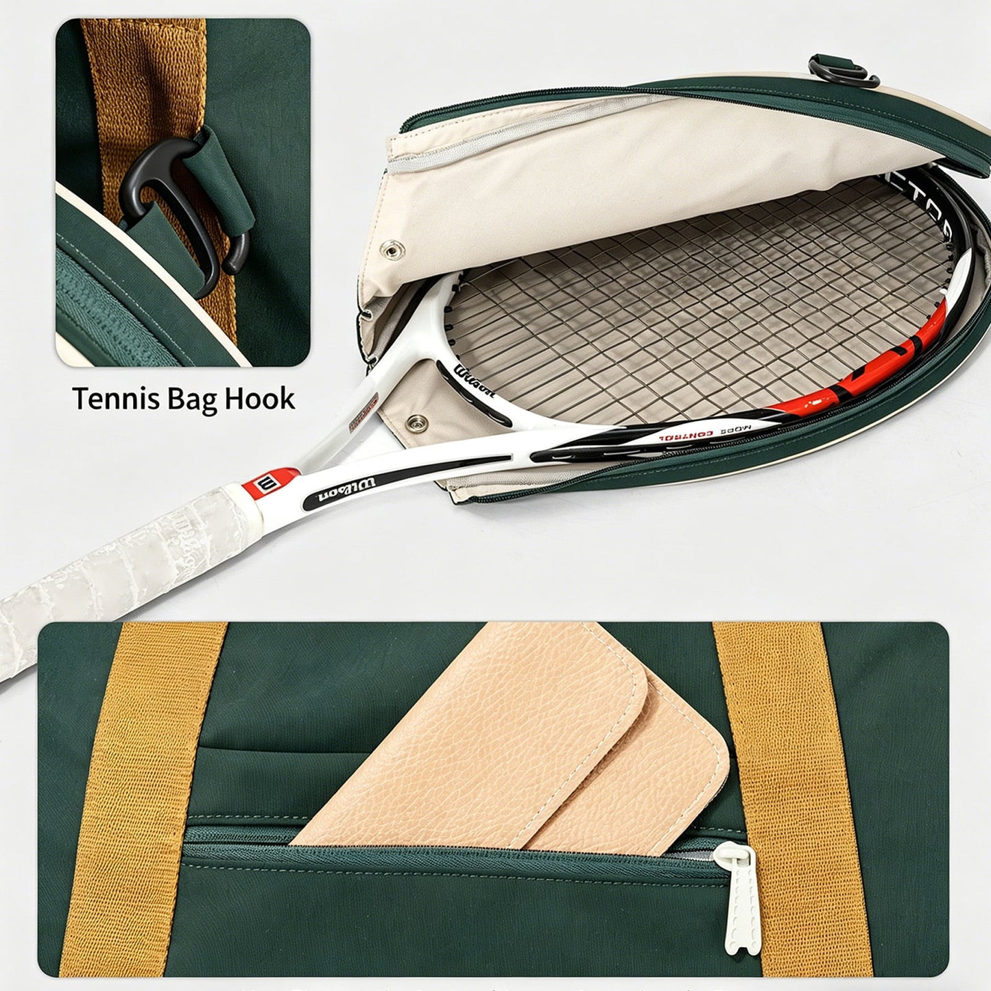 URSOFINE Detachable Tennis Racket Sports Duffel Bag, Water Resistant Lightweight Nylon Multi Compartment Gym Shoulder Handbag with Racket Hook for Tennis Training Travel Daily Use