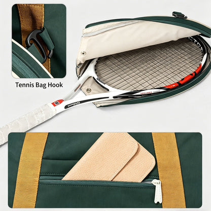 URSOFINE Detachable Tennis Racket Sports Duffel Bag, Water Resistant Lightweight Nylon Multi Compartment Gym Shoulder Handbag with Racket Hook for Tennis Training Travel Daily Use