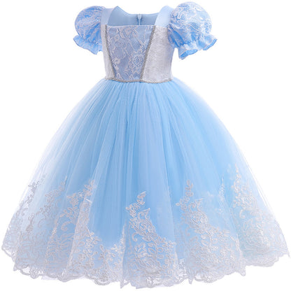 KAWELL Little Girls Princess Costume Lace Mosaic Mesh Blue Toddler Girls Dress