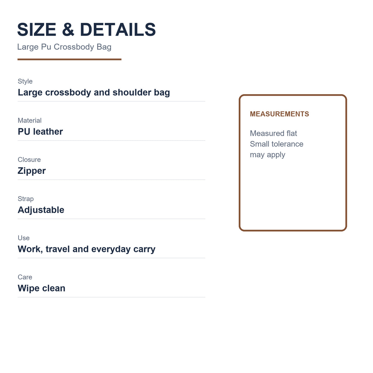 PU Large Crossbody Bag - Size and details