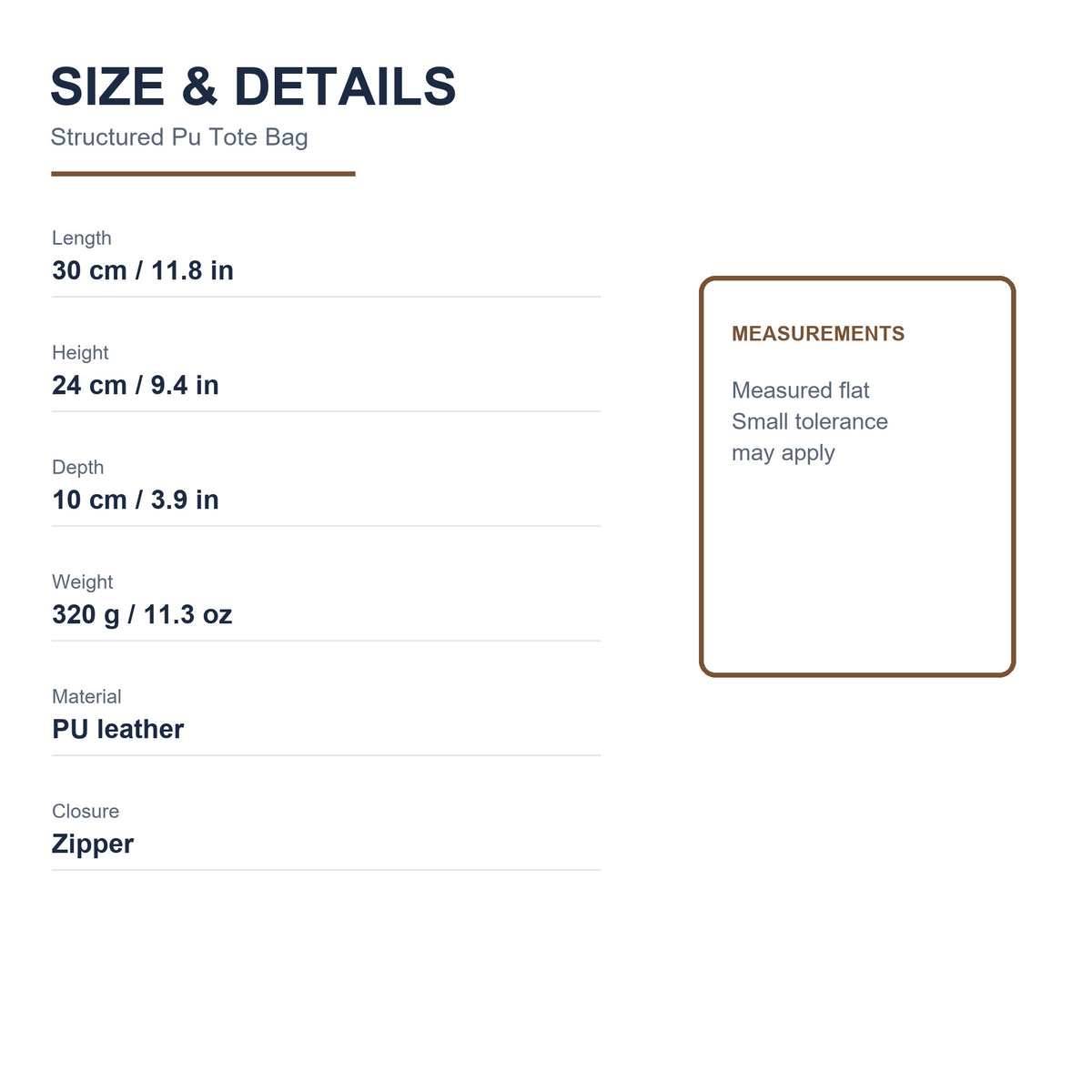 PU Tote Bag - Size and details