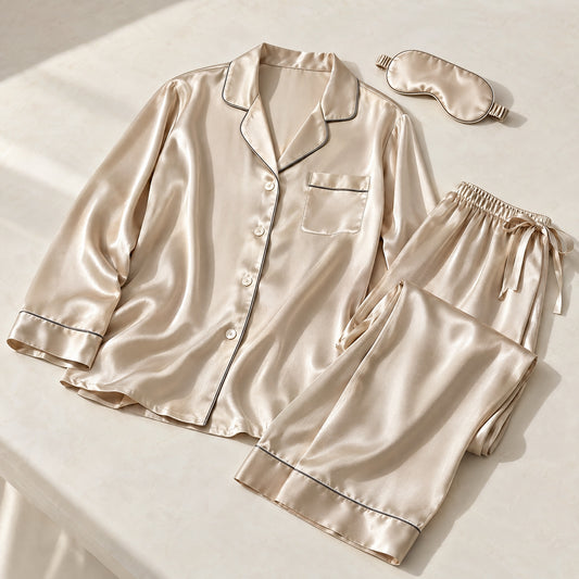 LOEL 22 momme 100% mulberry silk pajama set for women in champagne gold, long sleeve button-down shirt and pants