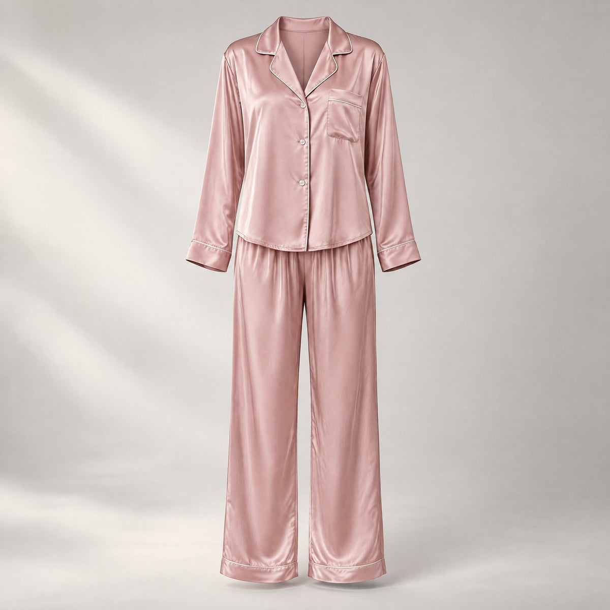 LOEL 19 momme 100% mulberry silk pajama set for women in dusty pink, long sleeve two-piece sleepwear