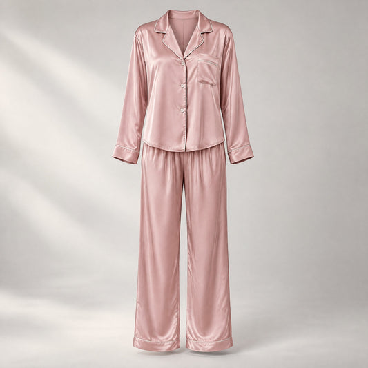 LOEL 19 momme 100% mulberry silk pajama set for women in dusty pink, long sleeve two-piece sleepwear