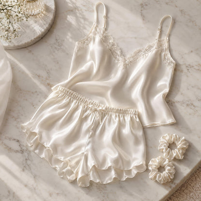 LOEL 22 momme 100% mulberry silk cami and shorts pajama set for women in ivory white, summer silk sleepwear