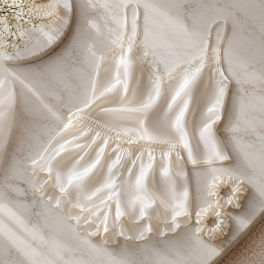 LOEL 22 momme 100% mulberry silk cami and shorts pajama set for women in ivory white, summer silk sleepwear