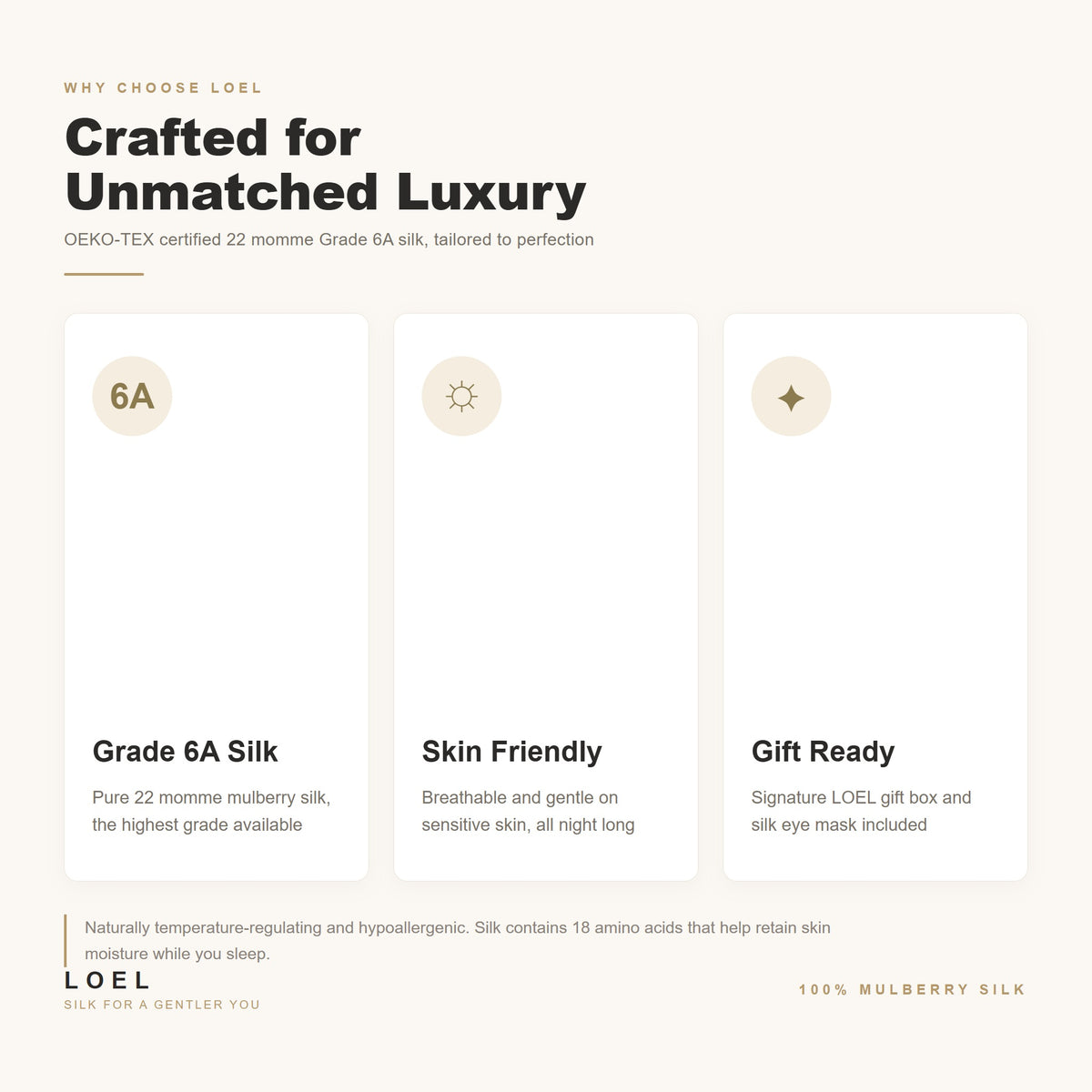 LOEL 22 momme 100% mulberry silk pajama set features - Grade 6A silk, OEKO-TEX certified, skin friendly, gift ready with signature LOEL gift box and silk eye mask