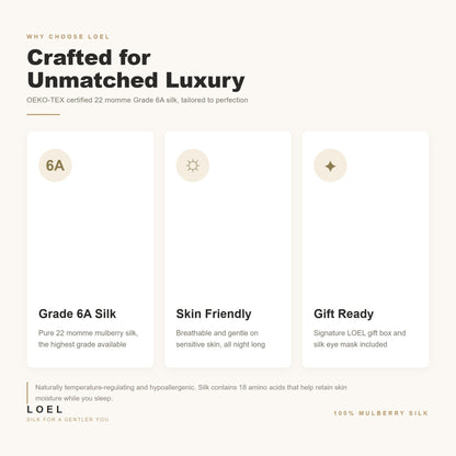 LOEL 22 momme 100% mulberry silk pajama set features - Grade 6A silk, OEKO-TEX certified, skin friendly, gift ready with signature LOEL gift box and silk eye mask