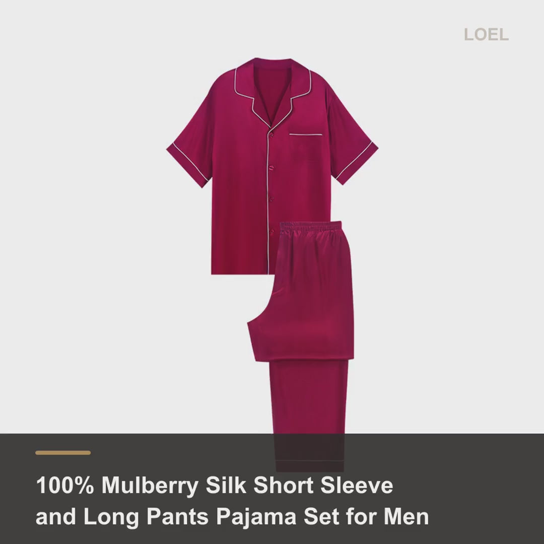 100% Mulberry Silk Short Sleeve and Long Pants Pajama Set for Men - Summer Sleepwear - product video