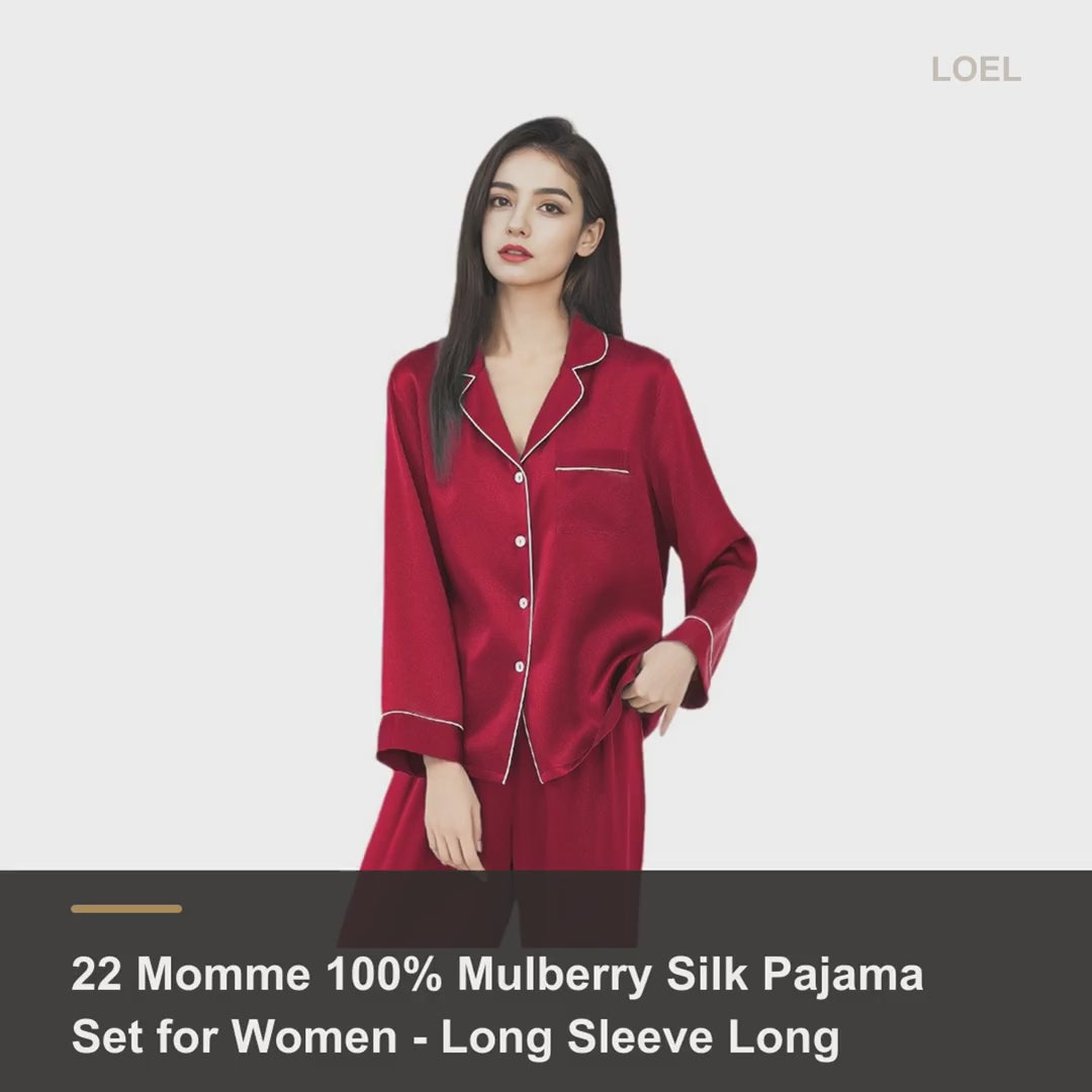 22 Momme 100% Mulberry Silk Pajama Set for Women - Long Sleeve Long Pants Heavyweight Loungewear - product video