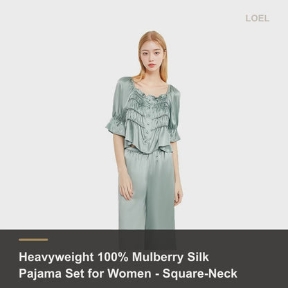 Heavyweight 100% Mulberry Silk Pajama Set for Women - Square-Neck Long Sleeve Loungewear - product video