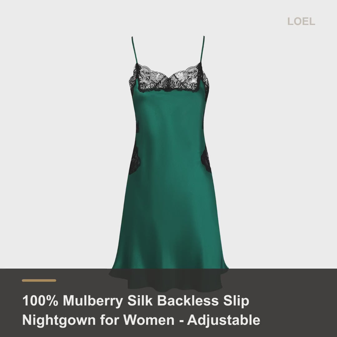100% Mulberry Silk Backless Slip Nightgown for Women - Adjustable Straps Mini Slip - product video