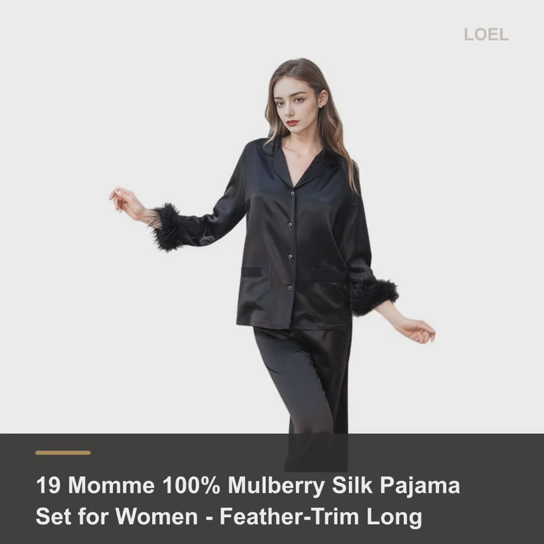 19 Momme 100% Mulberry Silk Pajama Set for Women - Feather-Trim Long Sleeve Loungewear - product video
