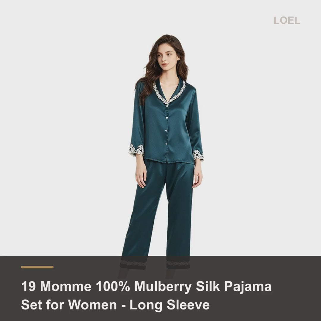 19 Momme 100% Mulberry Silk Pajama Set for Women - Long Sleeve Lace-Trim Cool-Touch Loungewear - product video